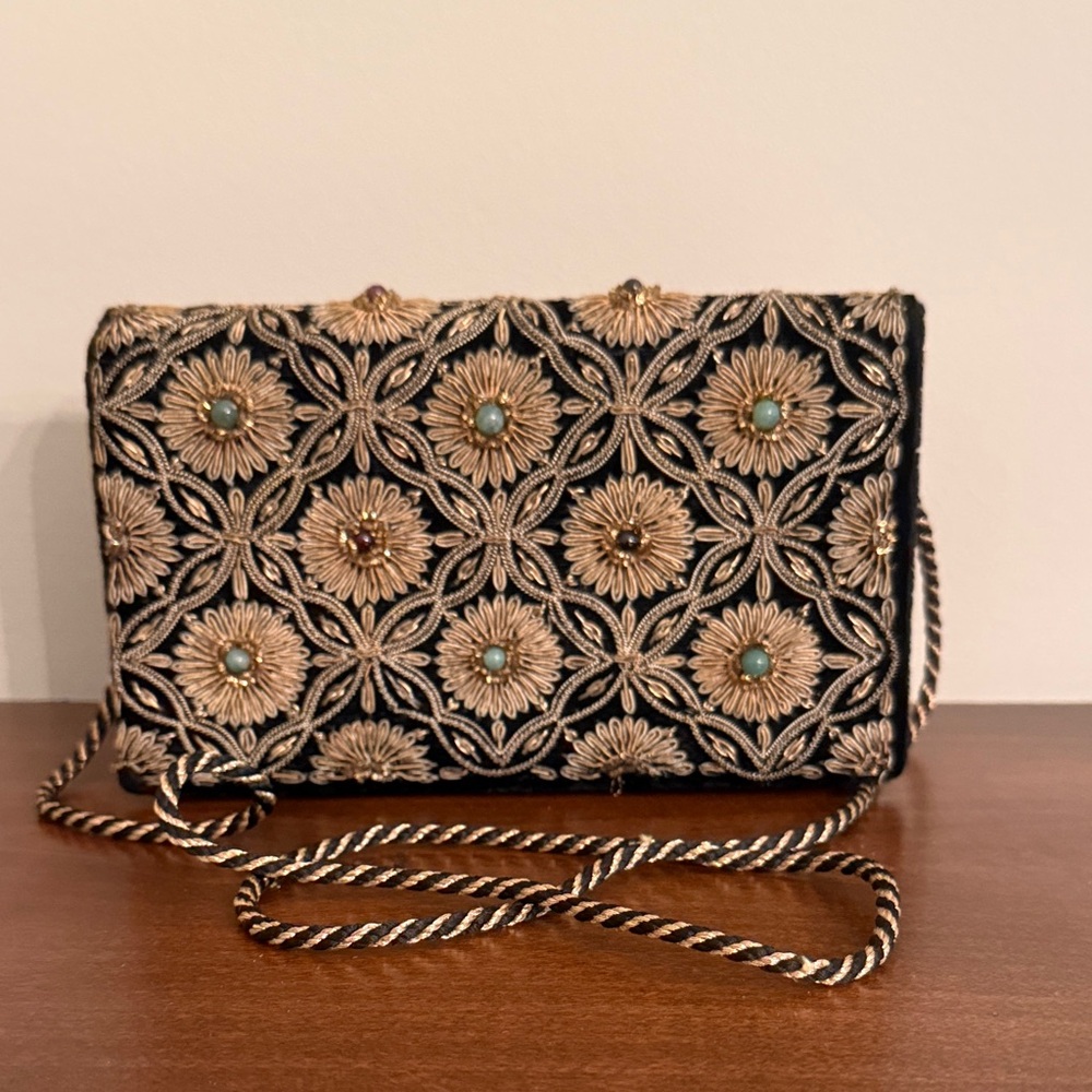 Vintage Semiprecious Stones and Gold Brocade Black and Gold Floral Clutch